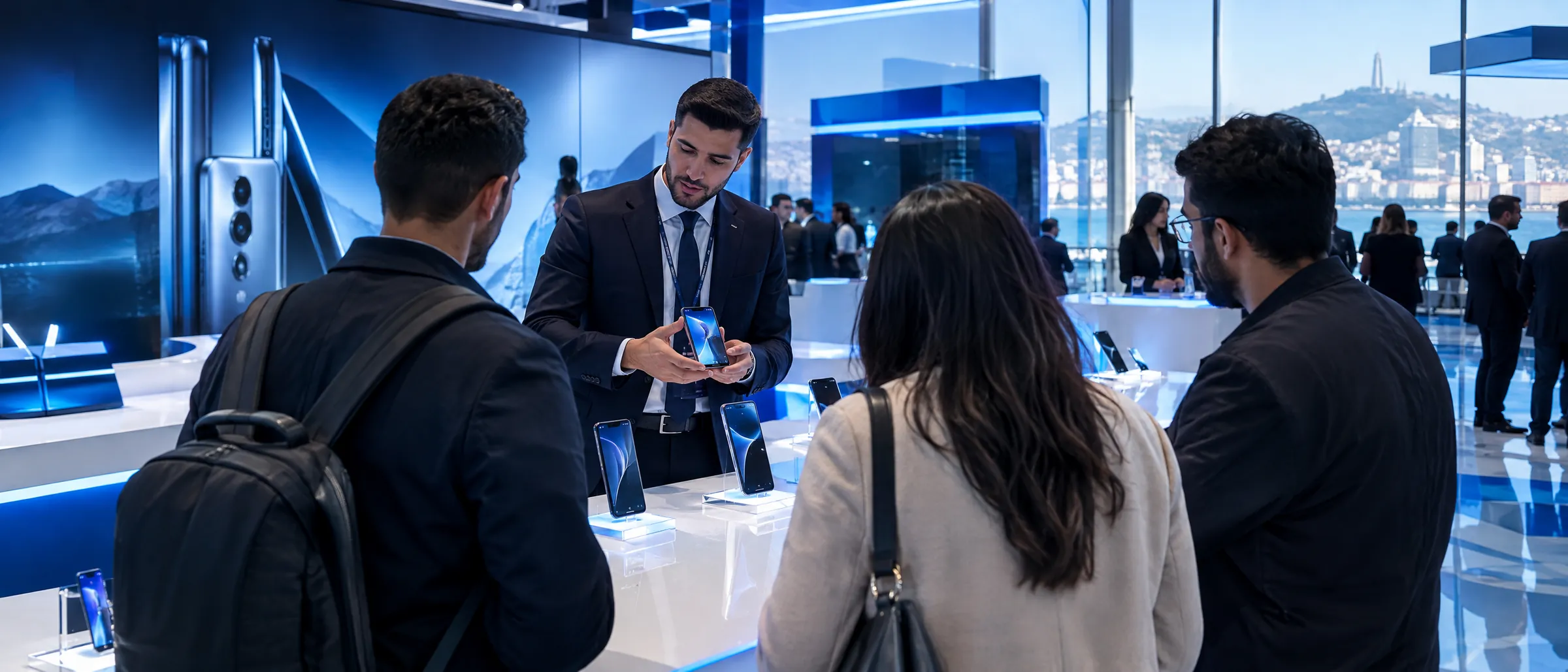 An exhibitor demonstrates a smartphone to visitors at their stand