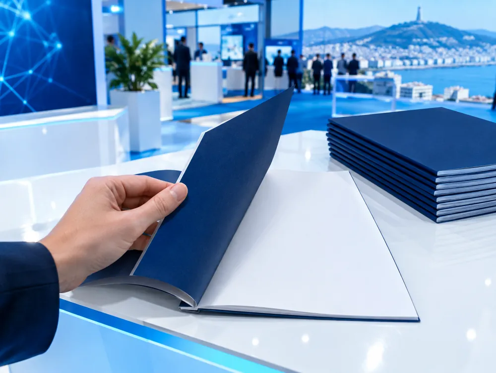 Official catalogue open on a counter, next to a stack of copies