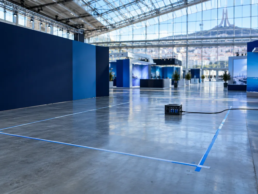 Space only: a marked floor area with a power connection in the hall