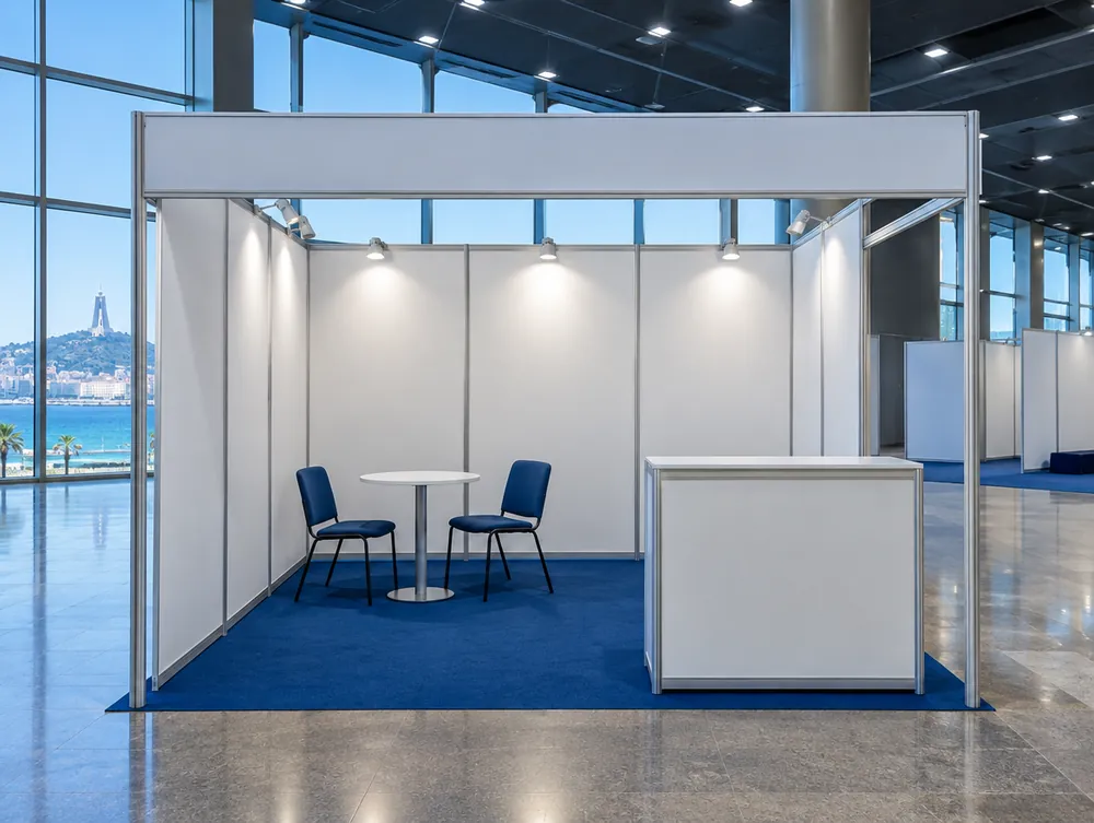 Shell scheme stand: white walls, blue carpet, reception desk, table and chairs