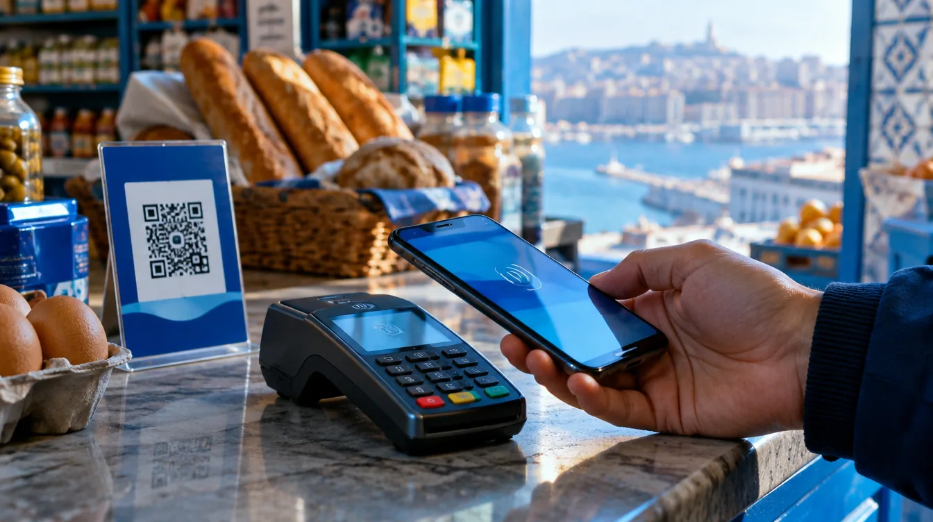 Main tenant un smartphone près d'un terminal de paiement sur un comptoir