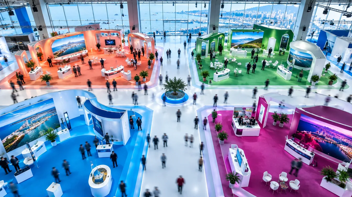 Vue plongeante d'un hall d'exposition divisé en quatre zones de couleur